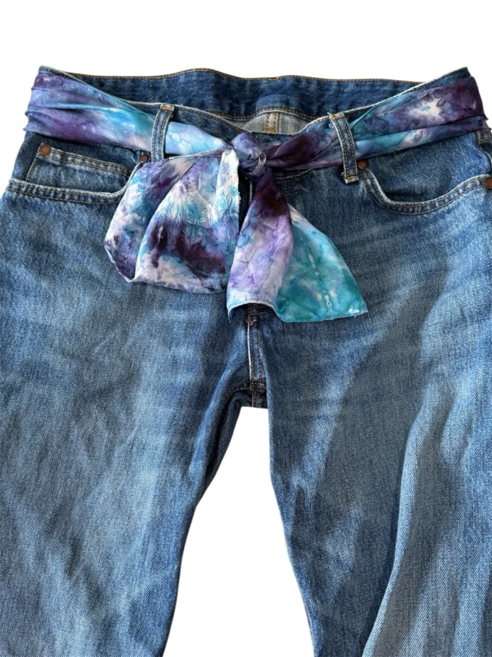 Silk Scarf Belt Tie Dye Boho Festival Coastal Cowgirl Waist Wrap 52” Purple Blue